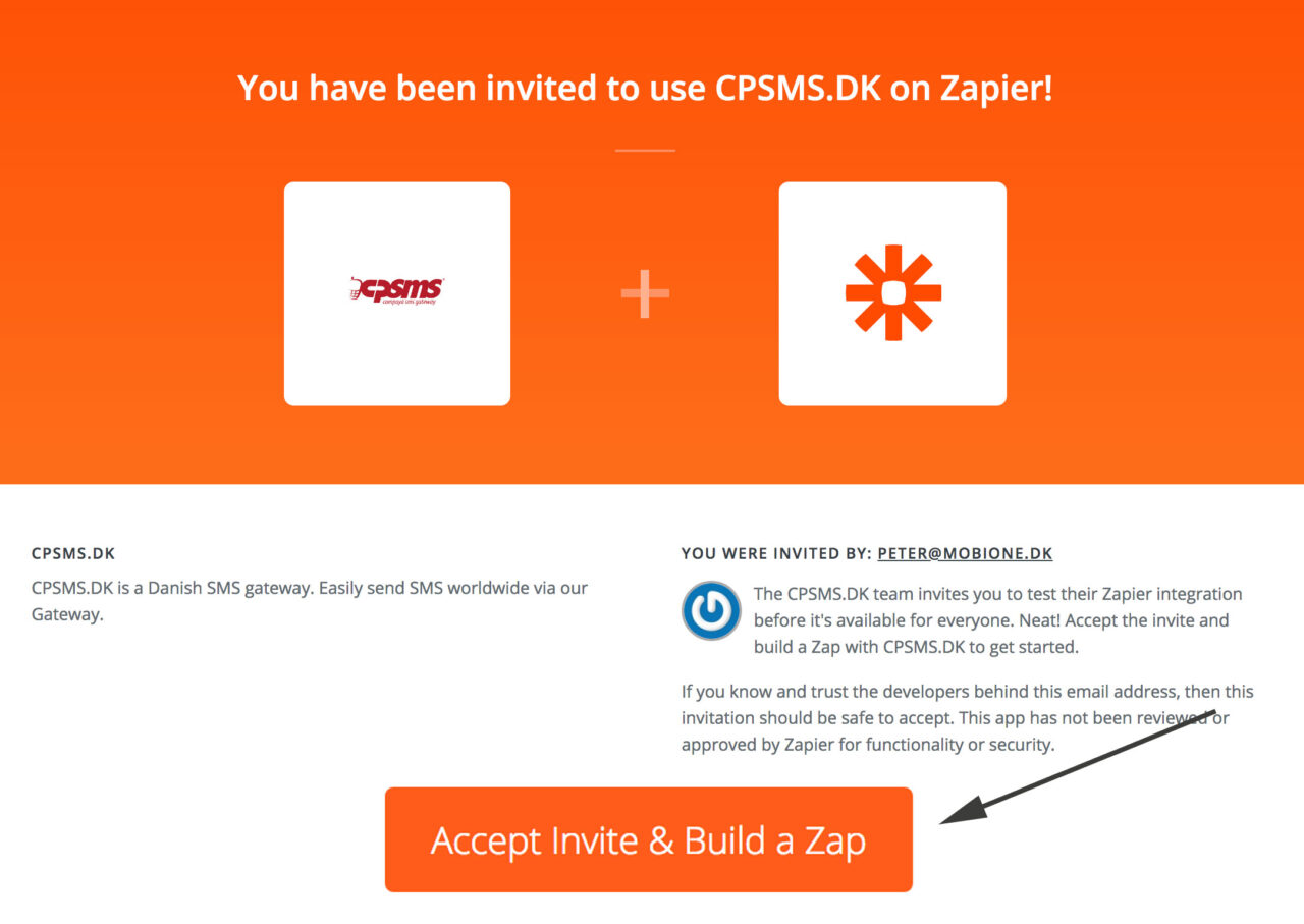 Når du klikker på linket i e-mailen, så skal du herefter klikke "Accept Invite & Build a Zap"